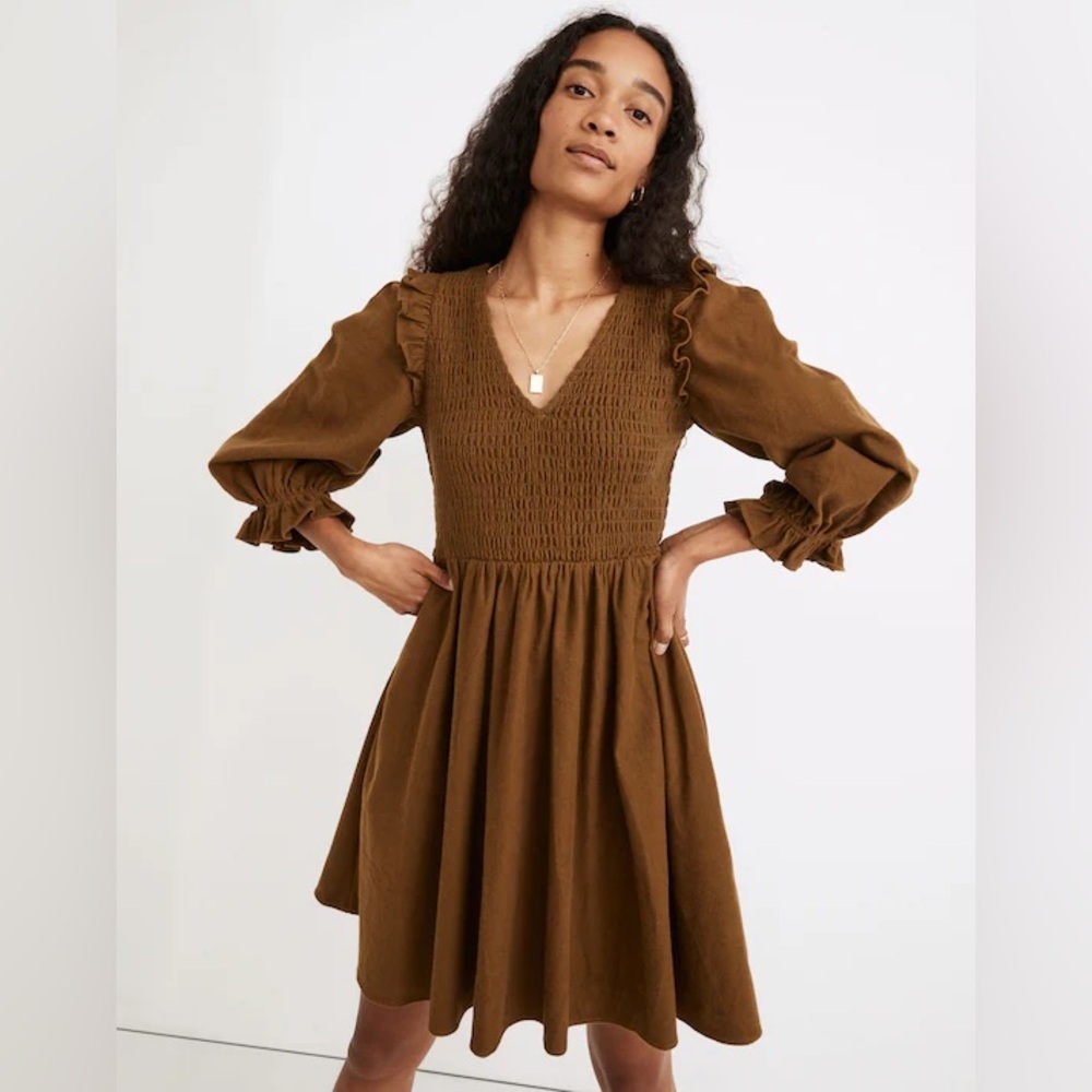 Madewell Brown Smocked V‑Neck Puff Sleeve Dress